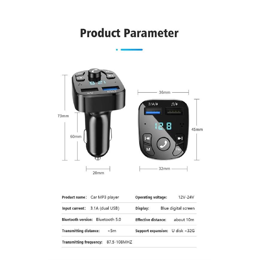 Bluetooth 5.0 Car Bluetooth Audio MP3 Player 3.1A Fast Charging Dual USB Car Charger Adapters Bluetooth FM Transmitter Receiver