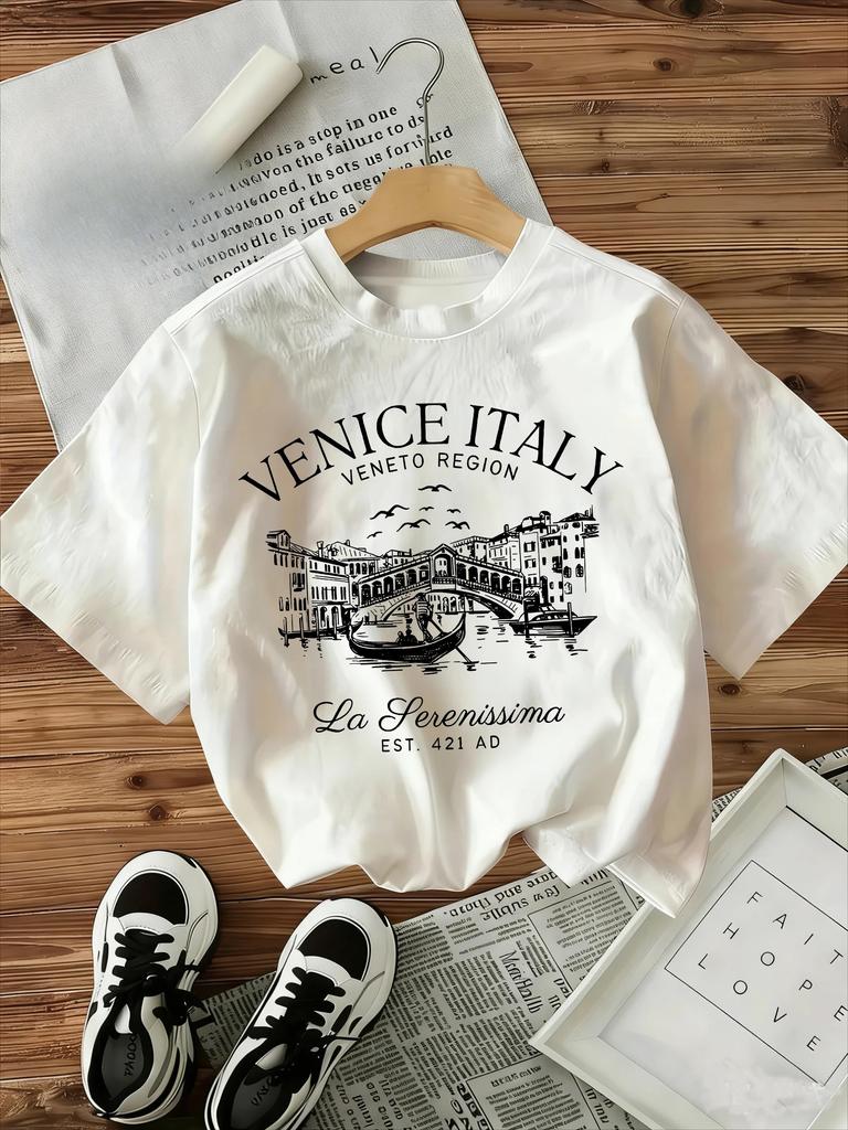 Vintage Tshirt Unisexs Y2k Style Tshirt Graphic Italian Venice Printed Short Sleeve Crew Neck Top Shirt Casual
