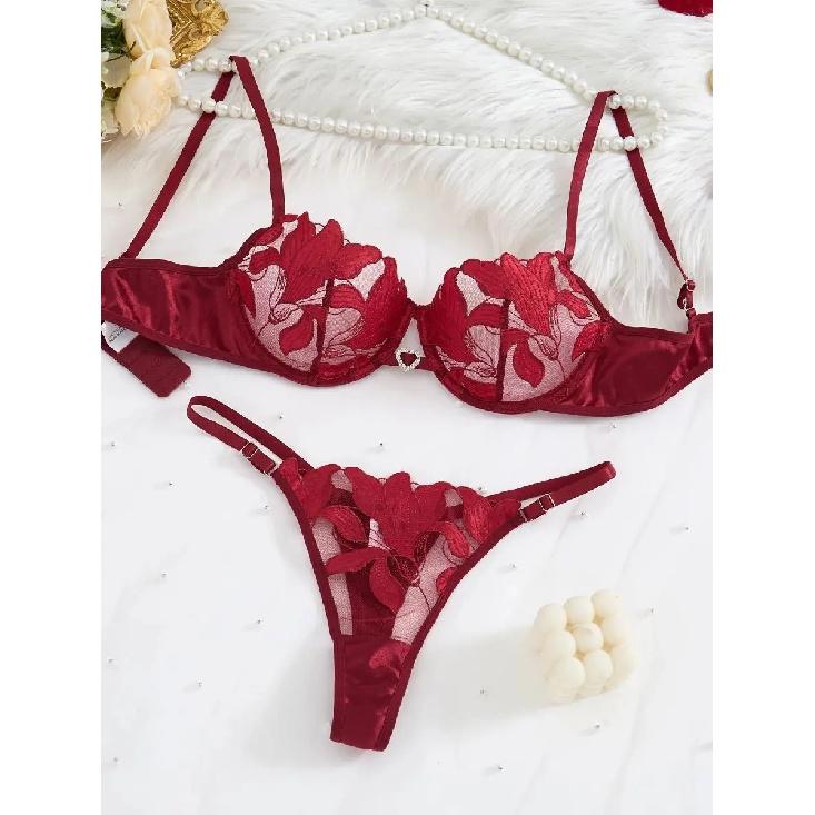 Transparent Floral Two Pieces Exquisite Lace Lingerie Set Ultrathin Bra Briefs Set Solid Exotic Lingerie For Ladies 23171A