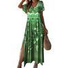 Women Summer Dress V Neck Colorful Print Side Split Loose A-line Short Sleeves Ankle Length Retro Ethnic Style Soft Beach Vacation Maxi Dress