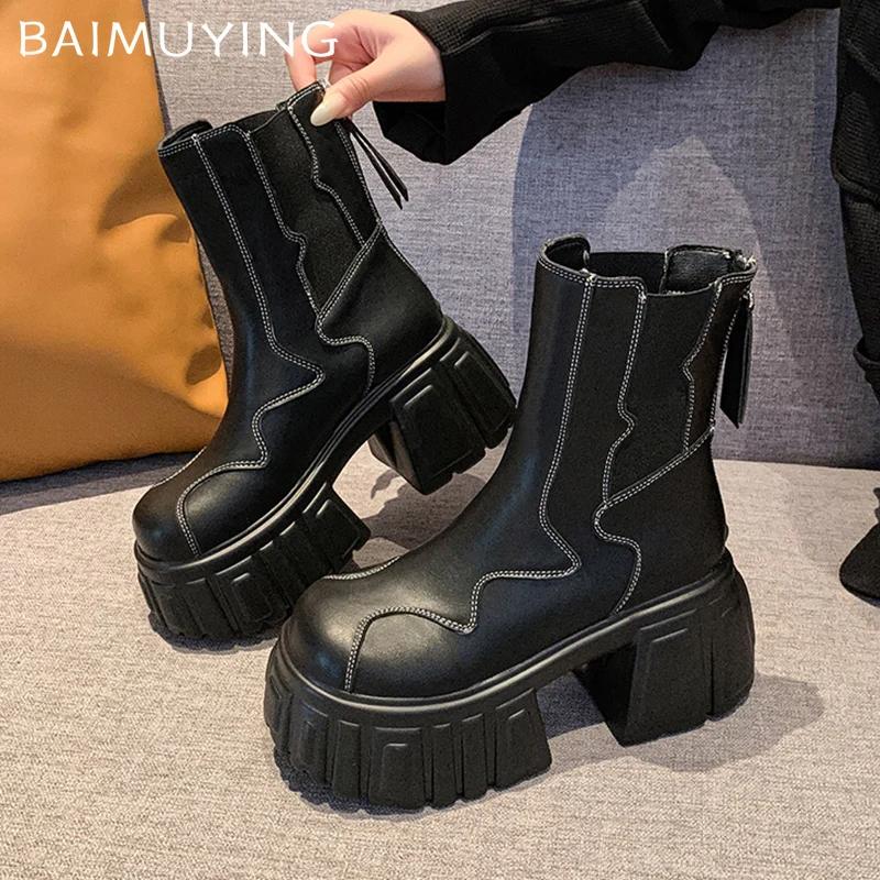 Winter Leather Platform Women Ankle Boots Chunky Designer High Heels Shoes 2025 Trend Fashion Pumps Goth Motorcycle Botas Mujer