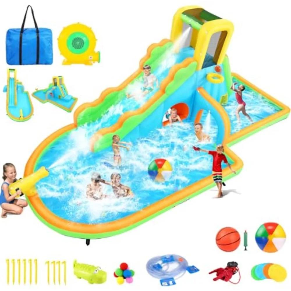 Inflatable Water Slide Large Wave Rider with Splash Pool Climb Wall Basket-Rim Water Cannon Shower Head for Backyard 3-12 Blue