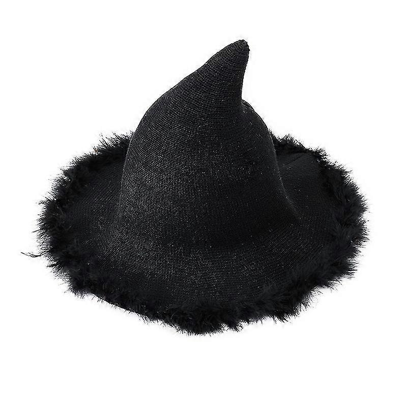 Halloween Beanie Witch Hats Women Plush Trim Wide Brim Pointed Cap Masquerade Cosplay Party Hats Costume Accessory Multi-color Optional