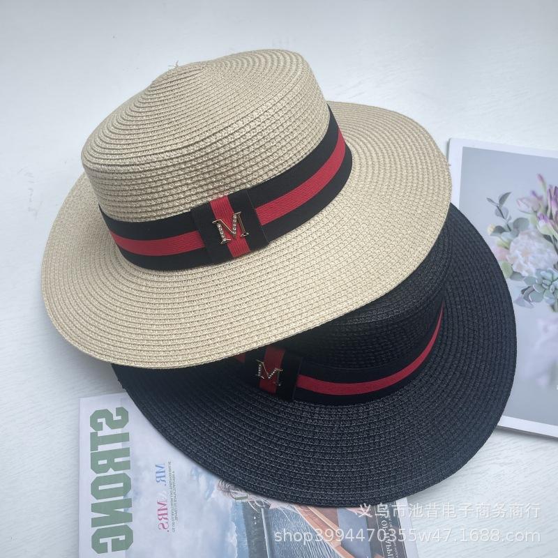 Hat multi-color striped M letter flat top top hat summer fashion travel shade sun protection big brim straw hat women
