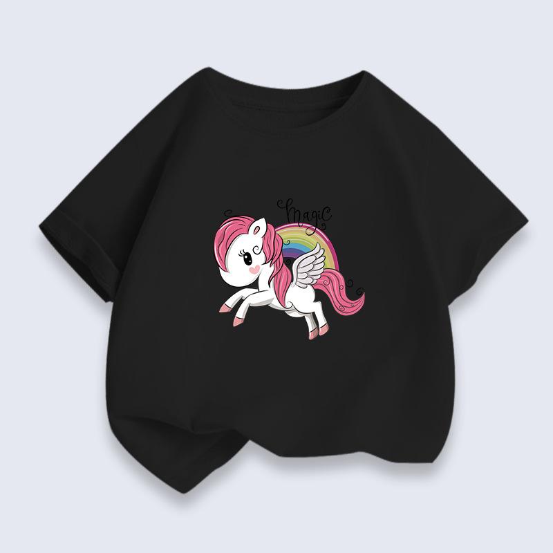 Pure Cotton Breathable Children's T-shirt 2026 Summer New Rainbow Pony Print Casual Parent-child Outfit for Boys and Girls