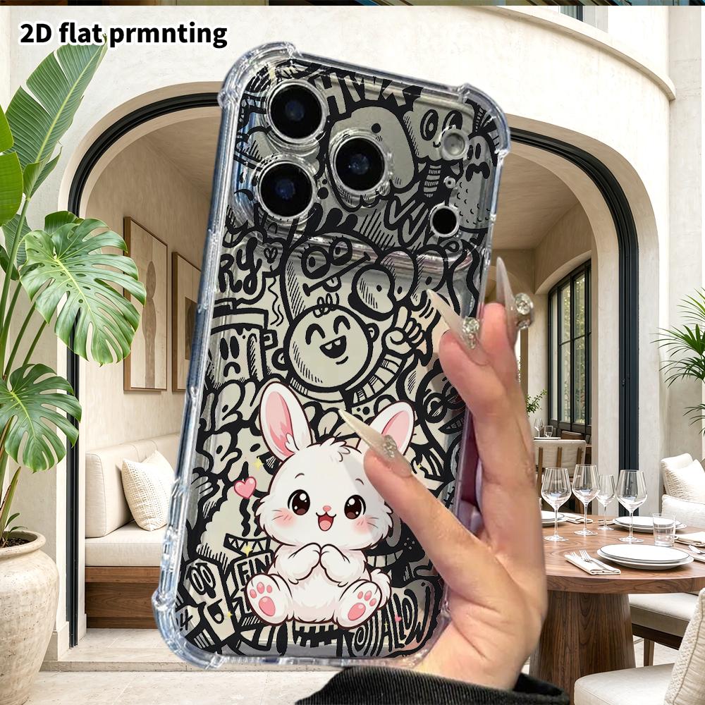 Чехол для телефона: 2D плоский, подходит для iPhone 18 17 16 15 14 13 Pro, прозрачный с защитой углов, милый белый кролик, Рождественский и Хэллоуинский подарок