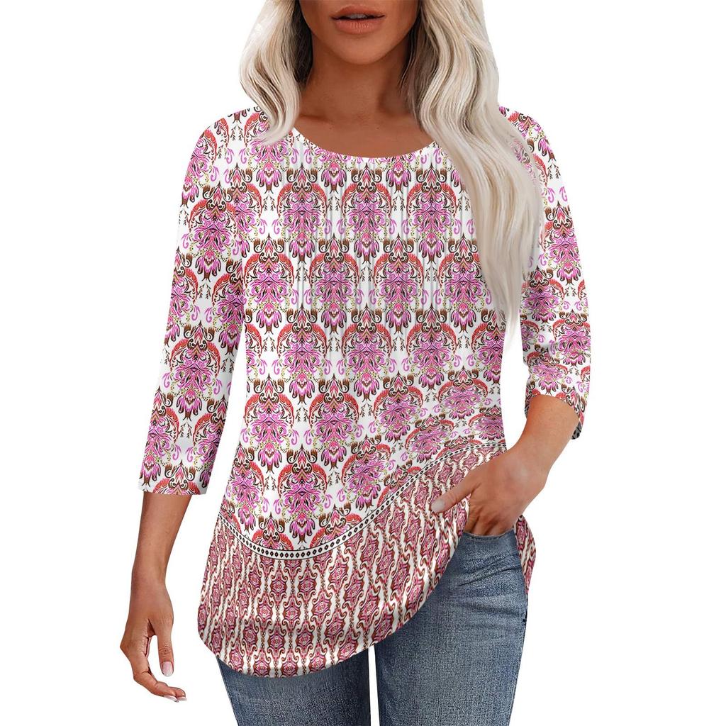 Women's Fashionable Casual Pleated Round Neck Casual Floral Print Seven Quarter Sleeved T-shirt Top