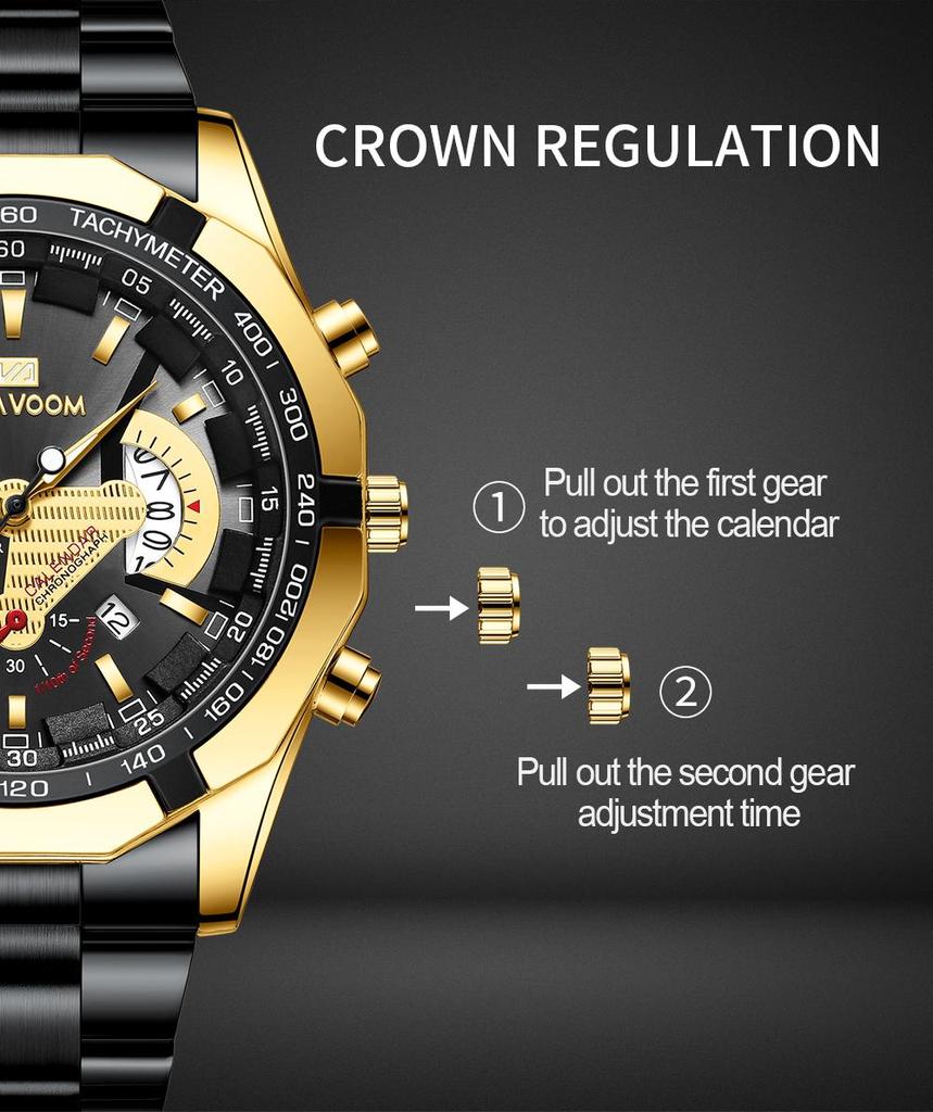 VA VA VOOM New Men's Sports Watches Fashion Stainless Steel Luxury Luminous Waterproof Calendar Quartz Men's Watches