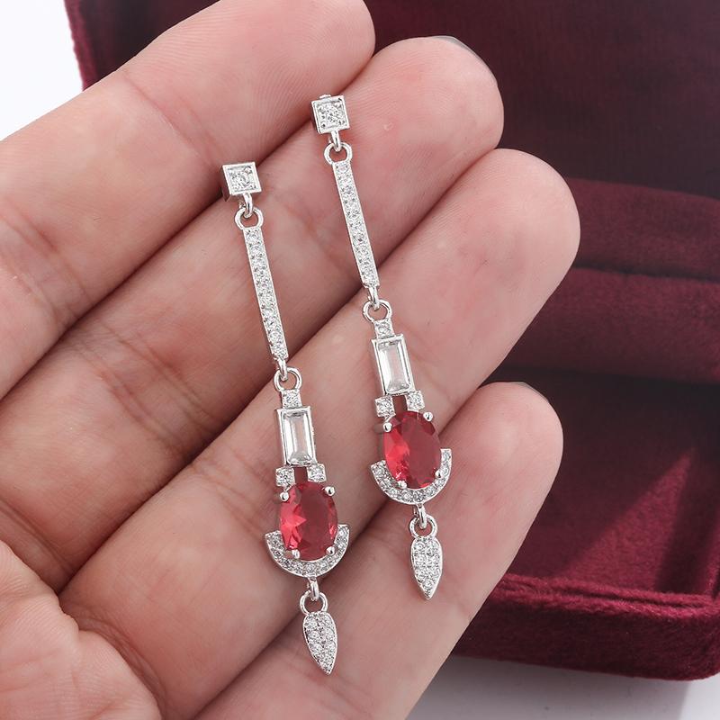 2024 Baguette Oval Ruby Full Diamond Long Tassel Stud Earrings for Women Zircon Plated Valentine Gift Jewelry