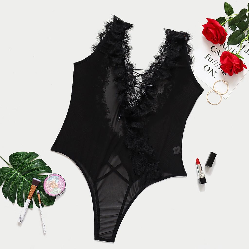 Women Plus Size Sexy Underwear Pajamas Lingerie Deep V-Neck Backless Bodysuit
