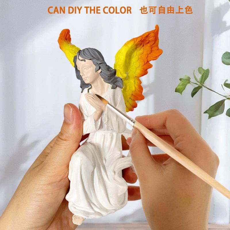 14cm Angel Figurines White Gold Sculpture Collectible Resin Statue Desktop Bookshelf Small Object Home Decoration Bedroom