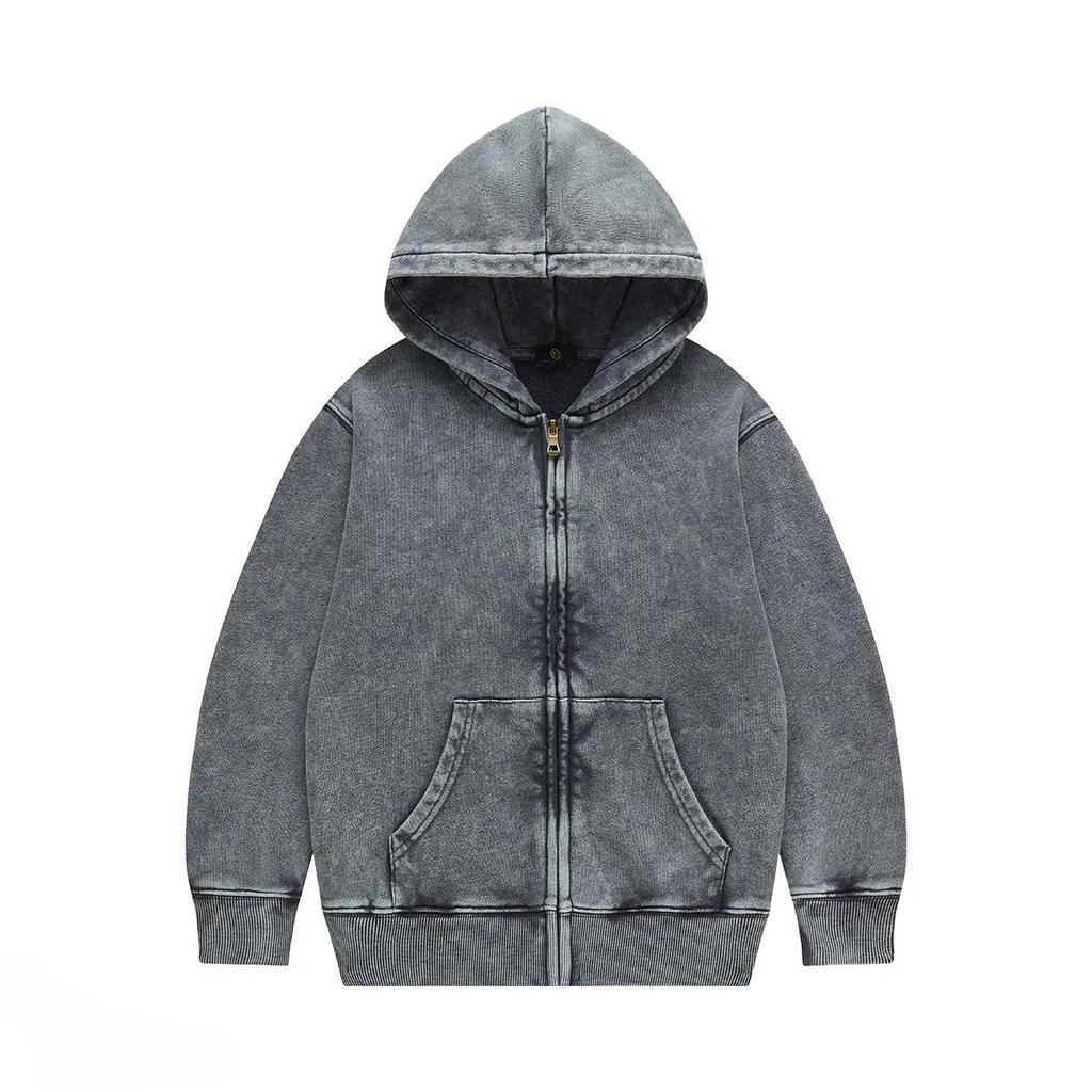 Детская верхняя одежда 2025 Осень Модные Крутые 350г махровый хлопок Винтажные толстовки на молнии Мальчики Девочки Повседневные Спортивные топы Детская одежда