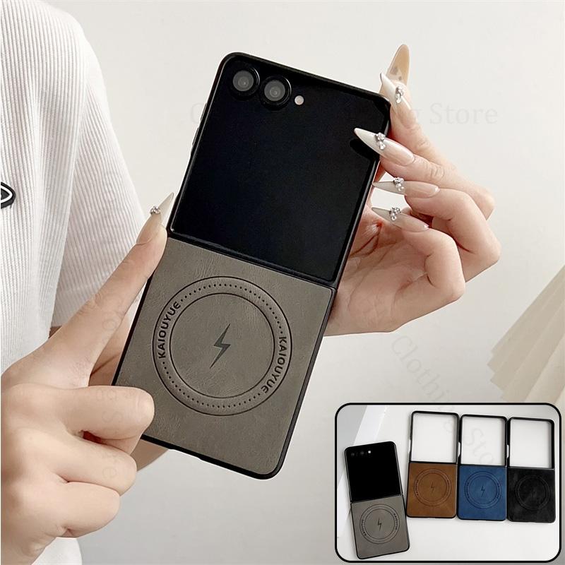 Кожаный чехол для телефона с эффектом кожи для Samsung Galaxy Z Flip7 5G Беспроводная зарядка для Magsafe Магнитная крышка для Samsung Z Flip 7 5G