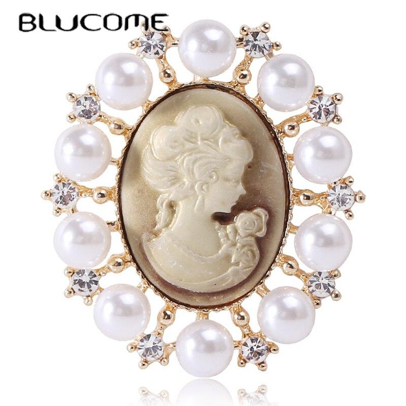 Blucome Vintage Beauty Head Brooch Pearl Pins for Women Coat Suit Bag Hijab Laple Pins New Year Gift