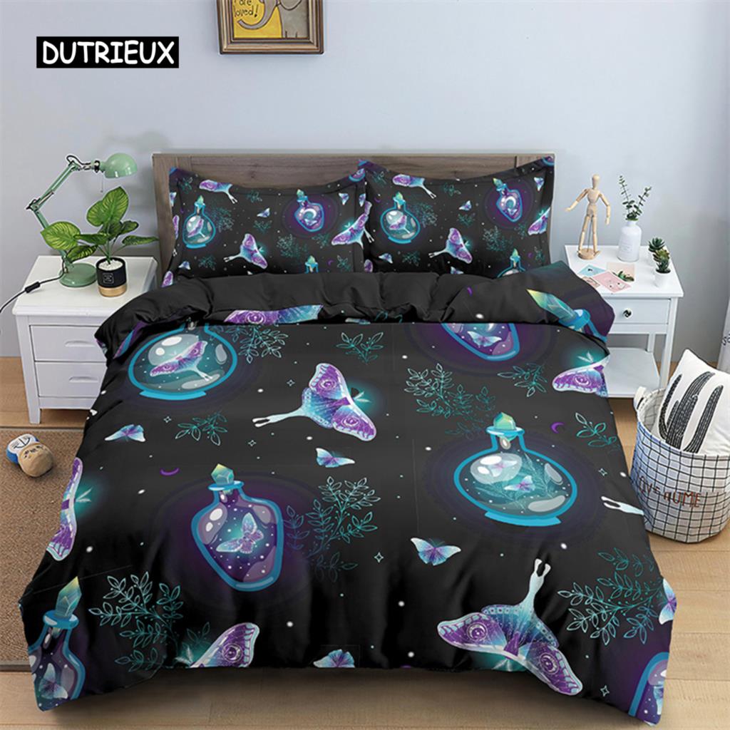 Комплект постельного белья с бабочками, полный размер King Size, хиппи, бохо, моль, пододеяльник из микрофибры, анималистичный, ботанический, психоделический, звездное небо, пододеяльник