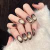 Glitter Cat Eye Press On Nails Ellipse Shape Short Gel Glue On Sparkly Nail Full Cover Stick On Nails Reusable Fake Nail Acrylic False Nails for Women