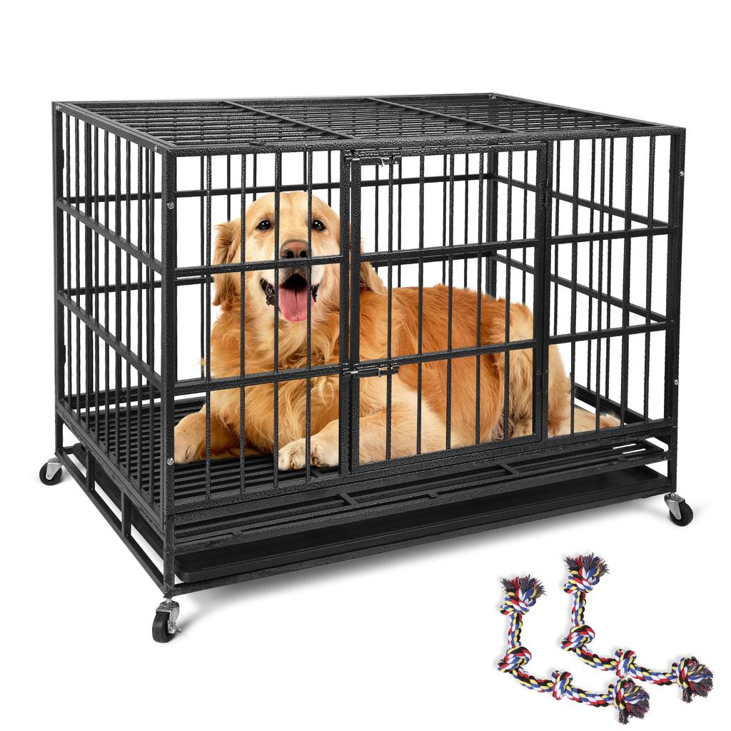 120x76.5x87CM Heavy Duty Dog Crate Metal Pet Dog Crate 2 Doors Locks Design Kennel Playpen with 4 Wheels Removable Tray
