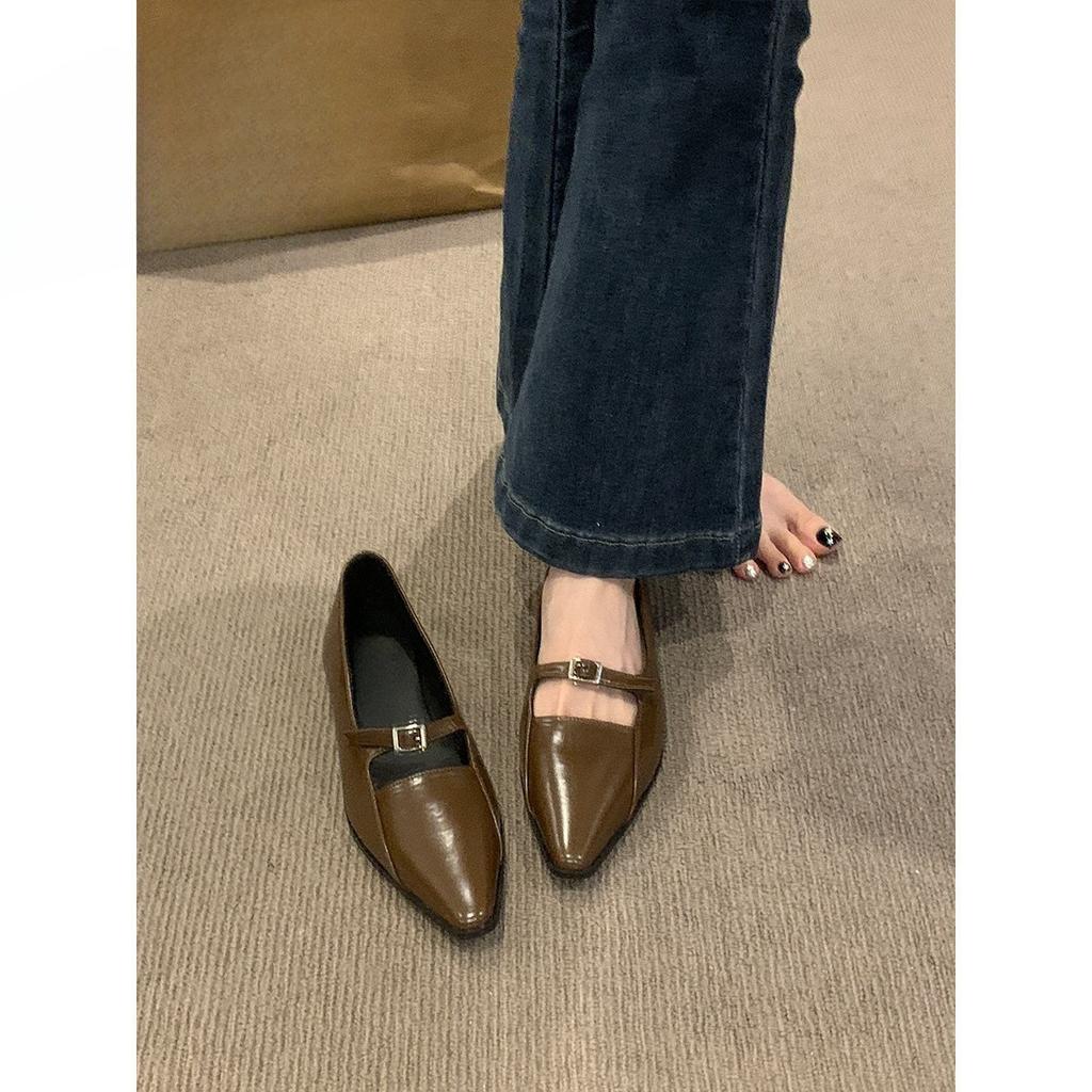 Коричневые заостренные одинарные туфли женские туфли весна и осень 2024 новые универсальные легкие туфли на одной педали с плоской подошвой