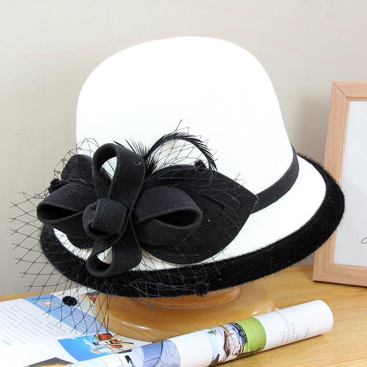 New British top hat women's autumn and winter woolen mesh leaf flower pot hat socialite retro felt hat