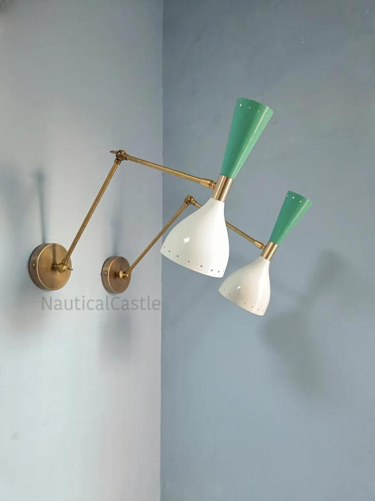 Mid Century Italian Brass Diabolo Wall Sconce Pair: Mint Green & White