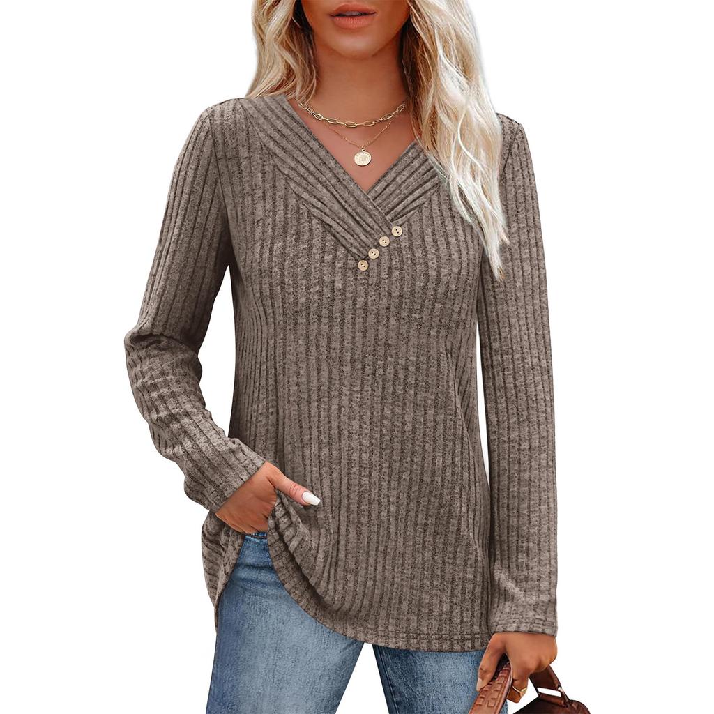 Women Long Sleeve Shirts V Neck Tops With Buttons Fall Fashion Outfits Winter Sweaters