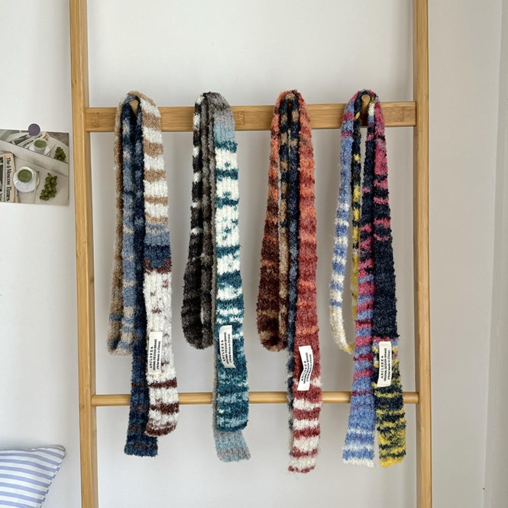 Multicolour Knitted Scarf Rainbow Stripe Thin Scarf Y2K Narrow Strip Scarf