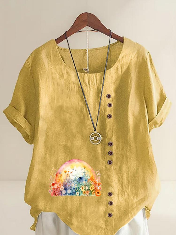 Women's Fashion Colorful Flower Clusters Print Shot Sleeve T-shirt Loose Cotton Shirt Casual Loose Summer Blouse Tops Plus Size