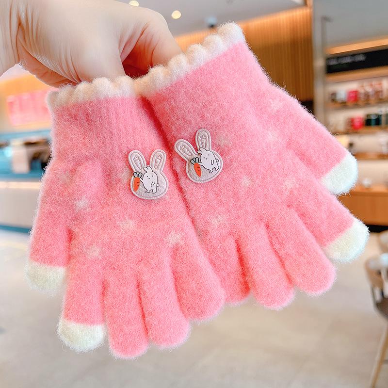 Autumn and winter children's gloves piled and thickened knitted to keep warm, winter fingers cute cartoon baby outdoor play hand guard