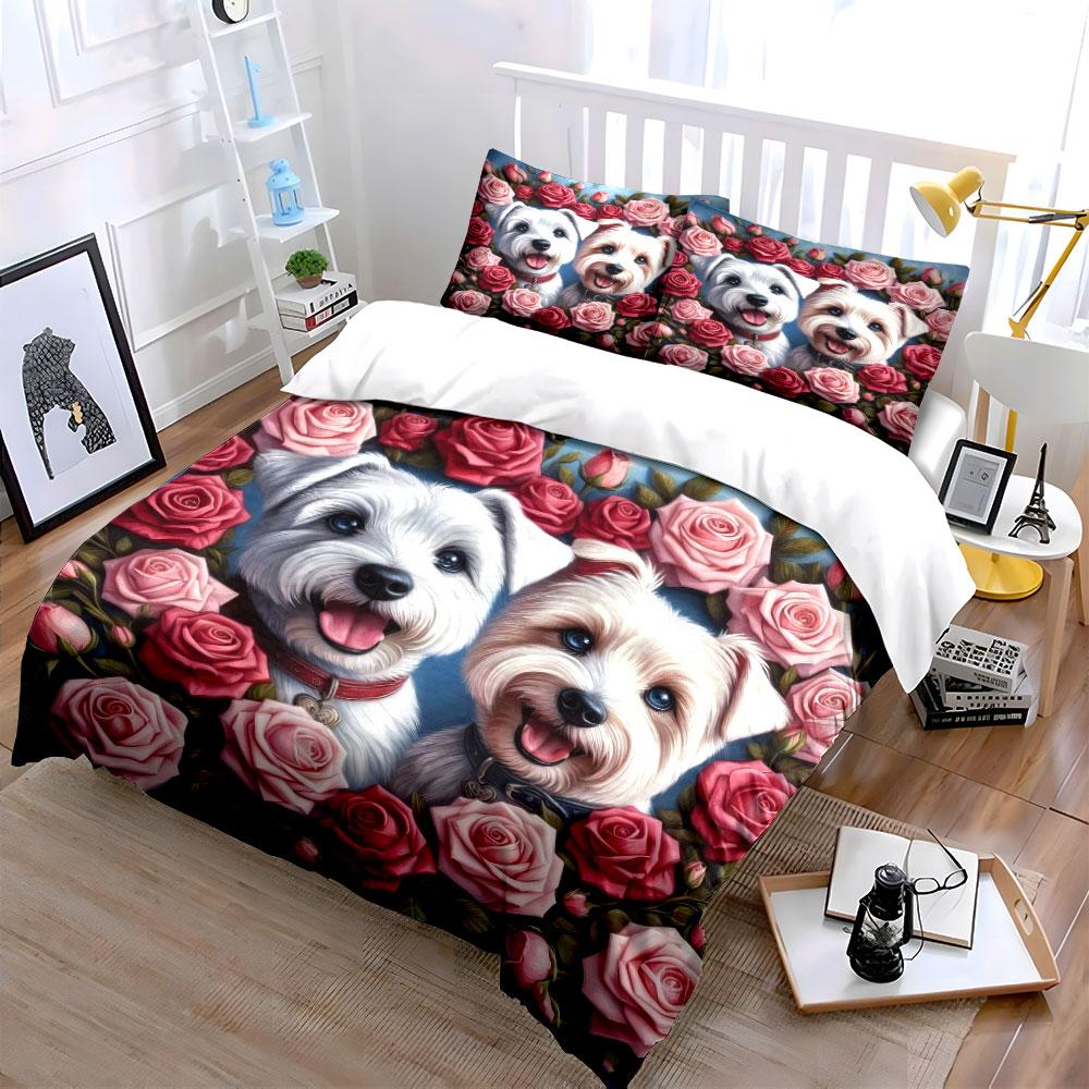 Cute Dogs with Pink Roses Bedding Duvet Cover Set (1*Duvet Cover 2*Pillowcases, without duvet insert)