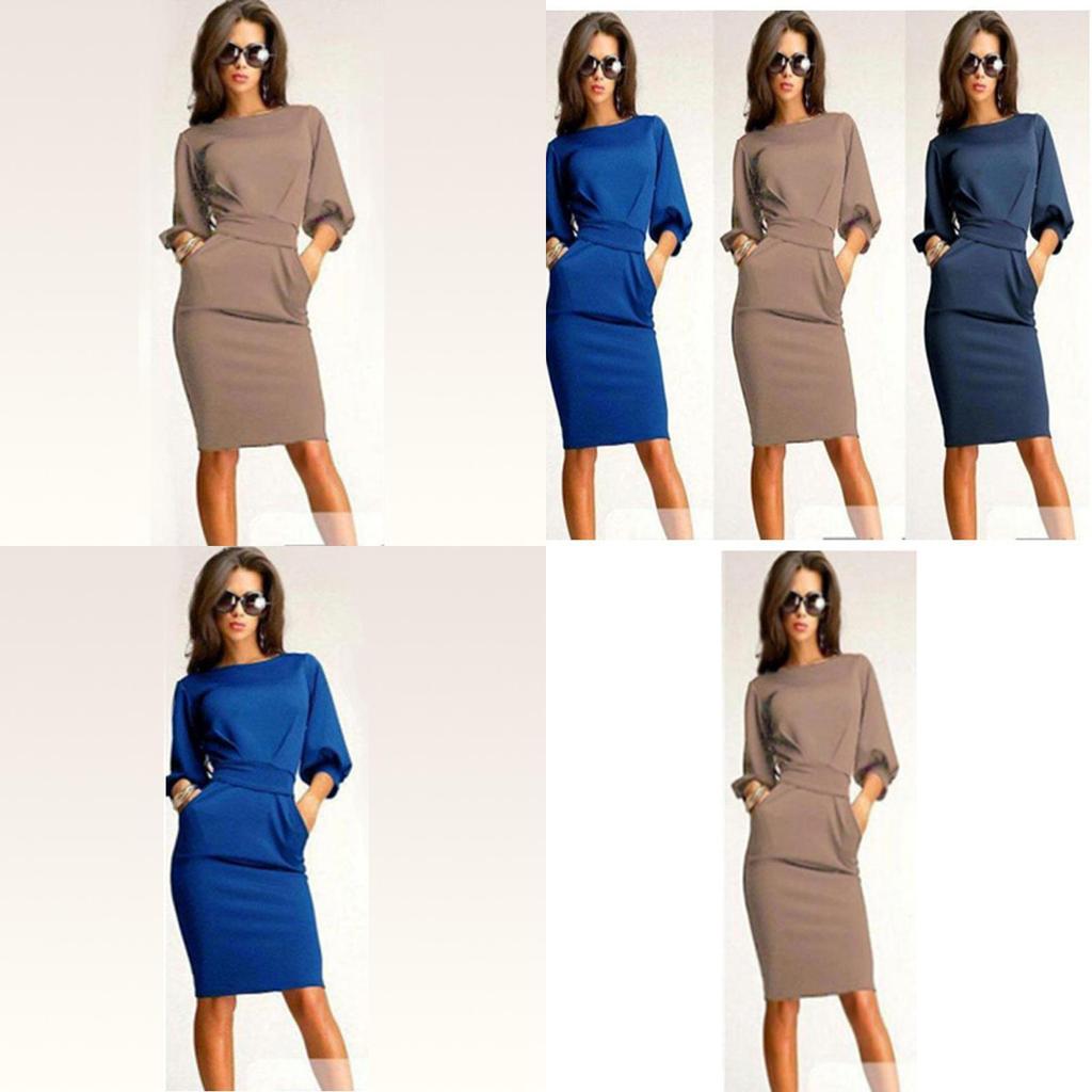 Elegant Women Fashion Sexy Fifth Sleeve Round Neck Pocket Bodycon Cocktail Dress