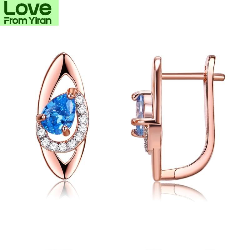 Luxurious Champagne Gold Tone Blue Women Cubic Zircon Stud Earrings Female Giveaway Present Trendy Stylish Engagement Earrings Fine Jewelry