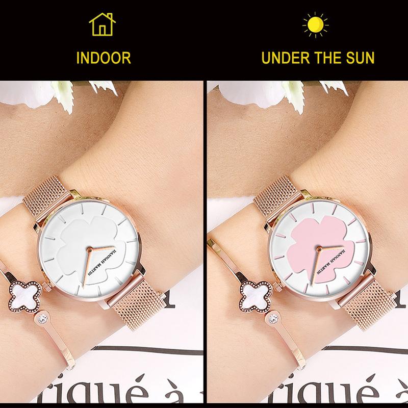 Changing Flowers Women Wristwatch Simple Fashion Pink Mesh Belt Japanese Movement Waterproof Quartz Women Watches
