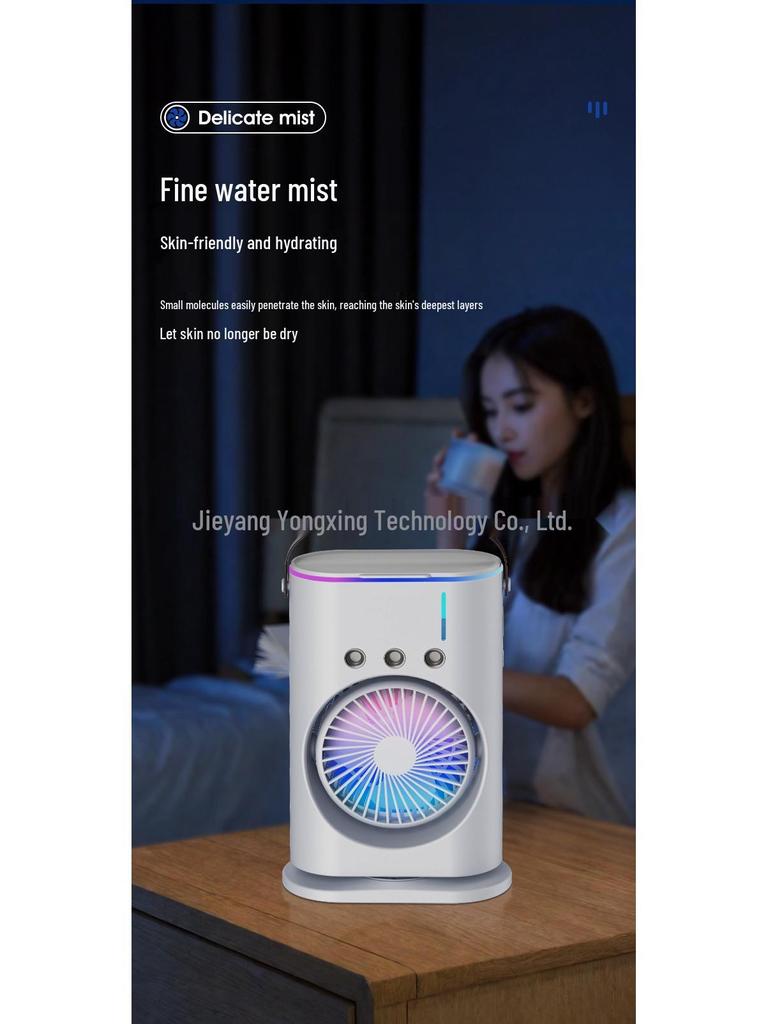 Портативный настольный вентилятор для охлаждения воздуха с тремя режимами цветной подсветки и функцией увлажнения