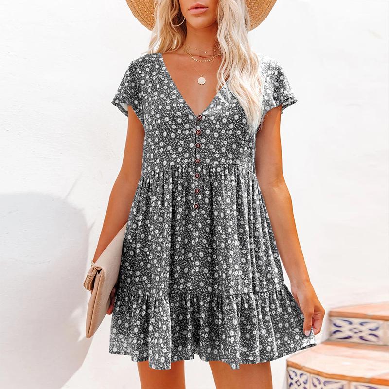 Summer Women'S Chiffon Dress Sexy V-Neck Floral Mini Beach Dresses Fashion Ruffles Button Loose Femme Sundress Vestido