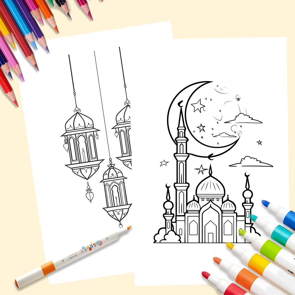 32 шт., Раскраски-дудлы на Ид, Раскраски для самостоятельного раскрашивания, Раскраски на Ид, Луна, Звезды, Фонарики, Семейные и праздничные мероприятия