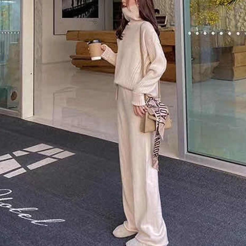 Sweater Set Women Tracksuit Spring Autumn Knitted Suits 2 Piece Set Warm Turtleneck Sweater Pullovers Wide Legs Pants