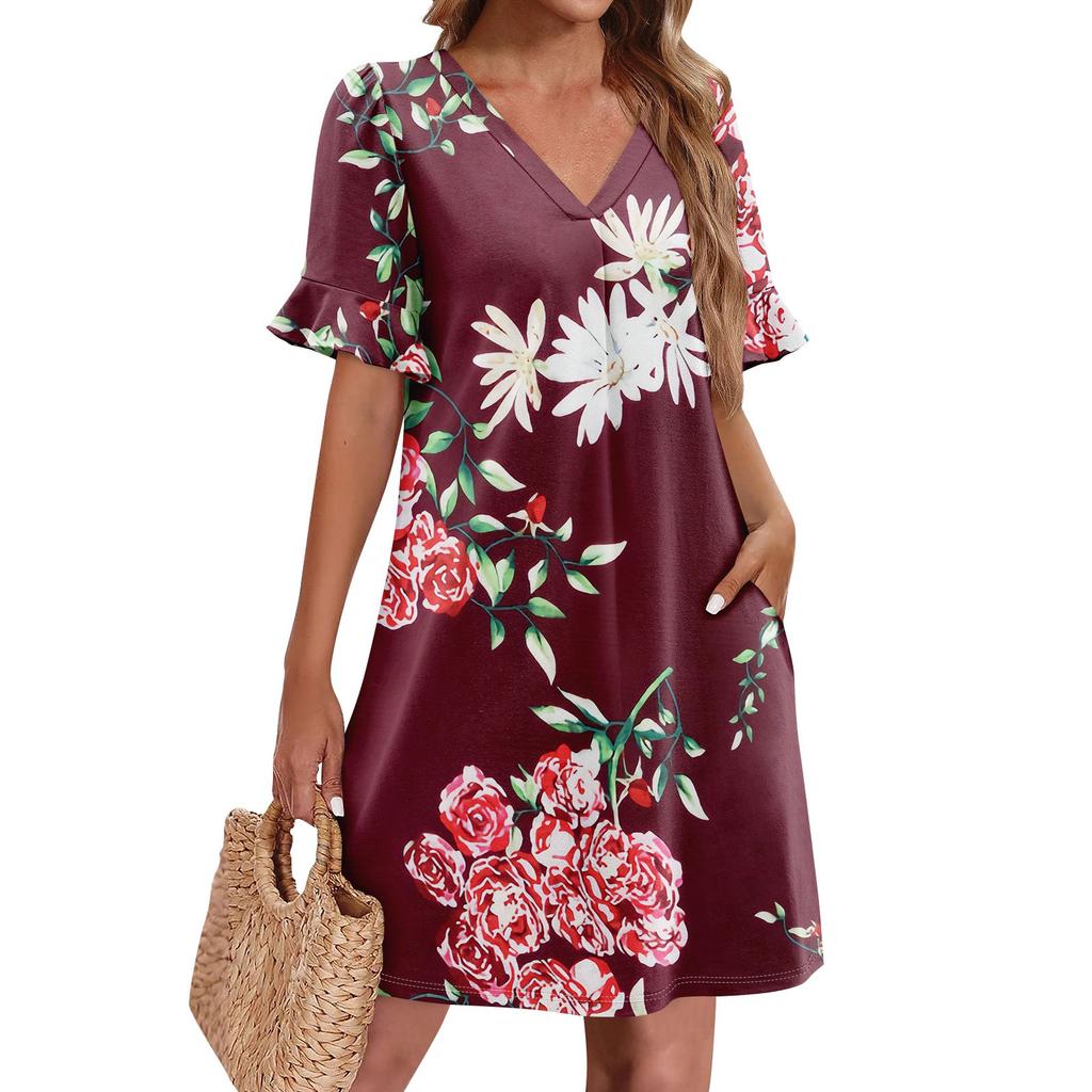 Летние платья для женщин с V-образным вырезом, оборками и коротким рукавом, повседневное свободное платье с принтом, пляжное платье с карманами