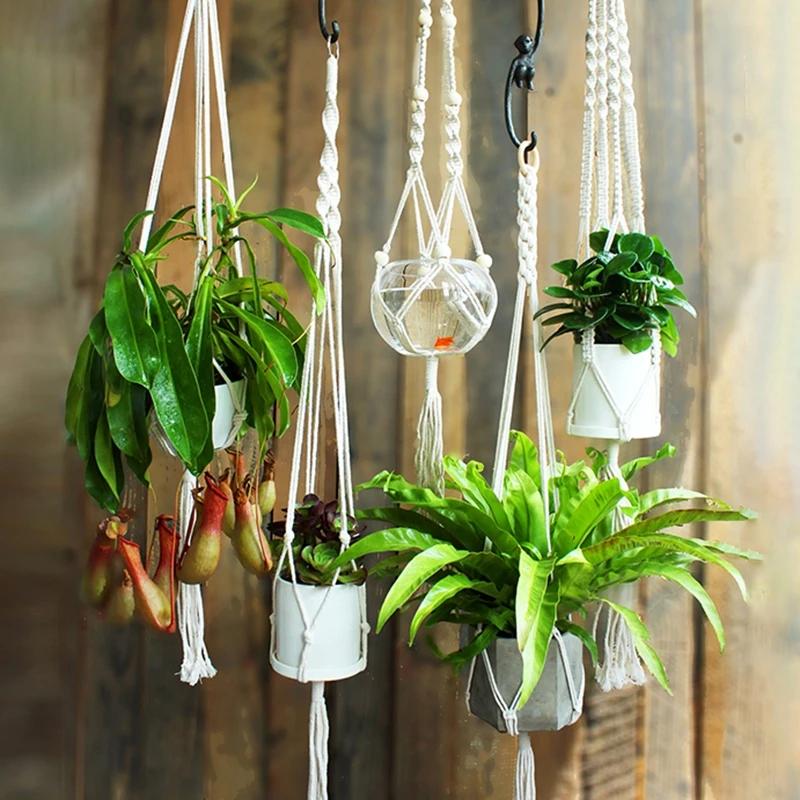 Винтажные подвесные корзины в технике макраме, хлопковая сетка для цветочного горшка, держатель для растений, корзина для сада, домашний декор для стен
