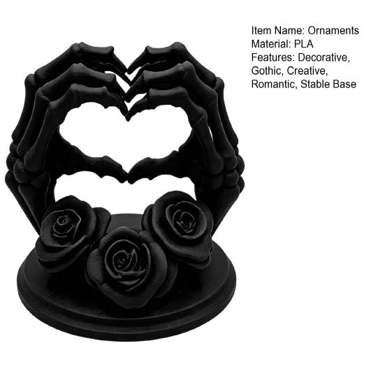 Three Dimensional Skull Craft 3D Printed Heart Shape Skeleton Hand Ornament, Gothic Rose Statue Niche Style Art Gifts for Home Decor, Unique