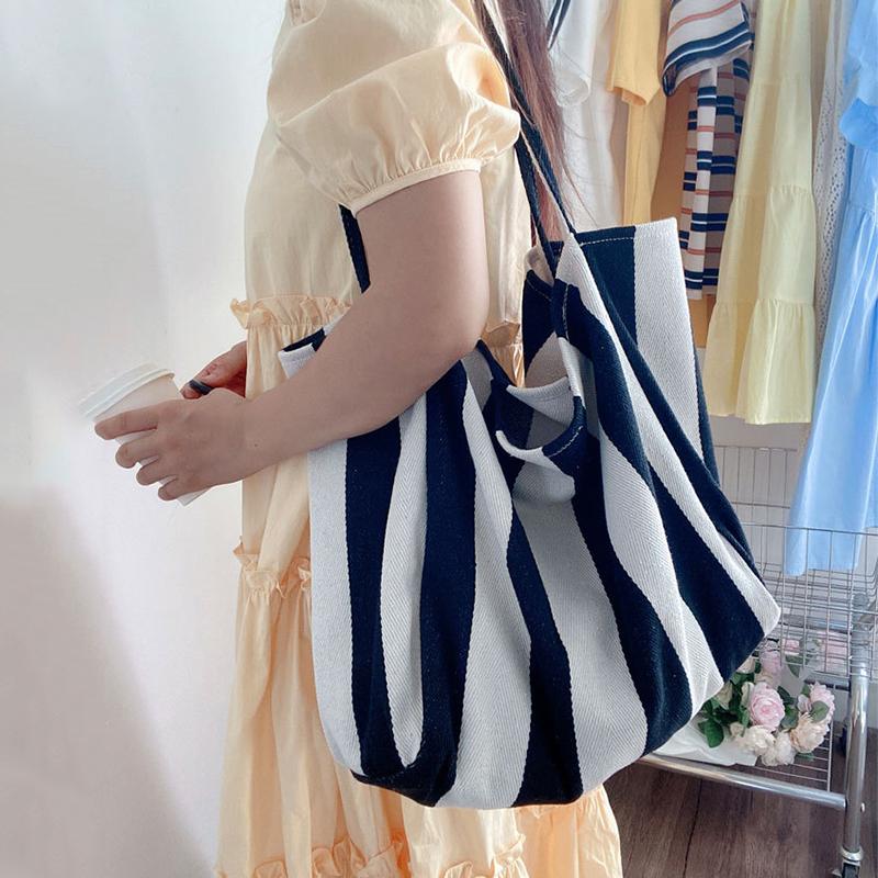 Вместительная холщовая сумка с ручкой сверху, женская летняя полосатая простая повседневная дамская сумочка, уличная сумка через плечо