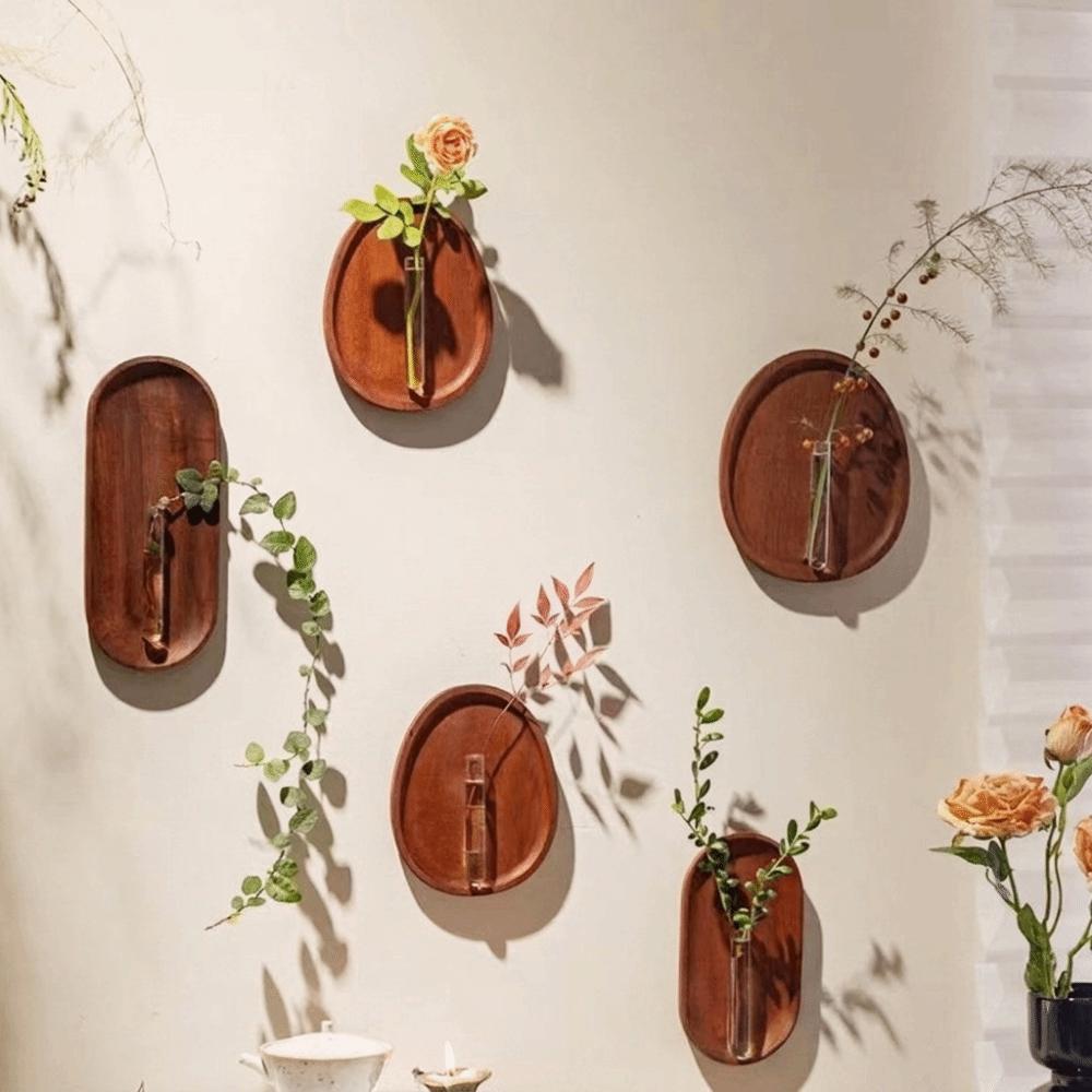 Space Saving Wall Hydroponic Vase Solid Wood Oval Tube Wall Vase Wall Mounted Vase DIY Plant