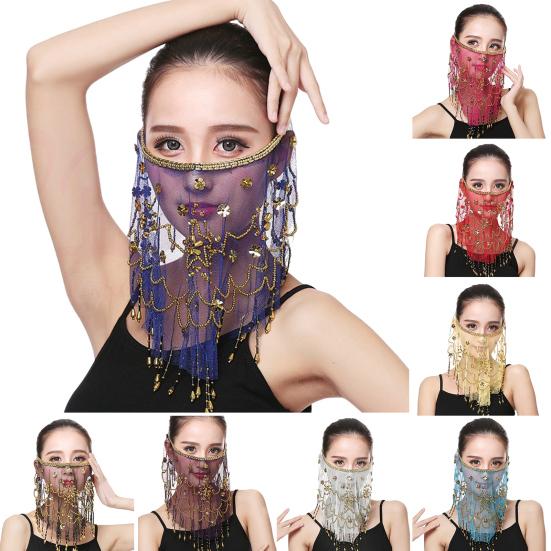 Performance Veil Flower Sequins Beads Decor See-through Lace Belly Dance Tribal Face Veil Breathable Fabric Adjustable Strap Indian Dance Veil