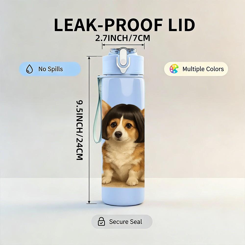 1PC Corgi Puppy Classic Portrait 750ml Color Plastic Sports Water Bottle Leakproof Flip Straw Lid Suitable for Sports Office Home Use