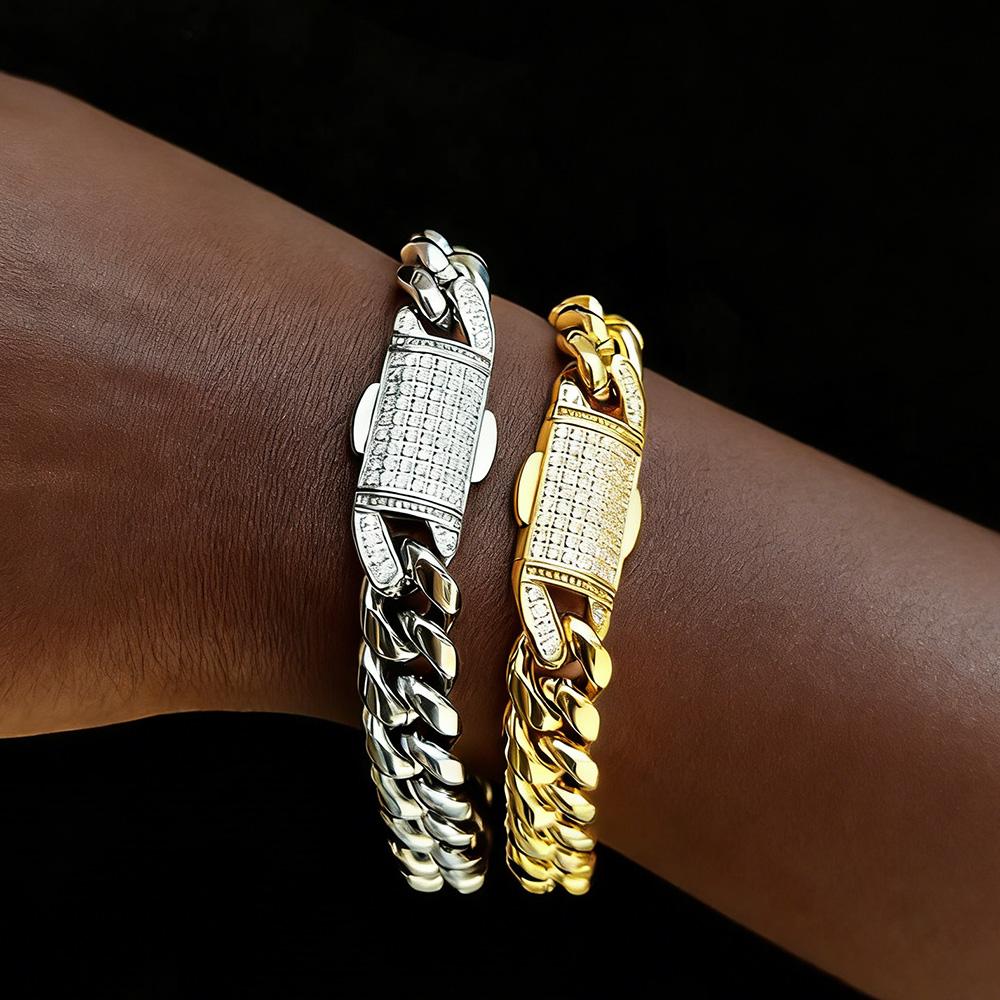 12MM Width Stainless Steel Miami Cuban Link Bracelet Iced CNC Inlay Cubic Zirconia Hip Hop Jewelry for Men Women Wholesale