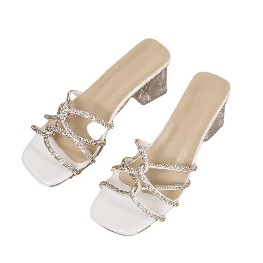 Крутые тапочки на толстом каблуке, внешняя торговля, европейский и американский стиль, средний каблук, модная обувь, квадратный носок, стразы, женская обувь, прозрачный высокий каблук, слипоны