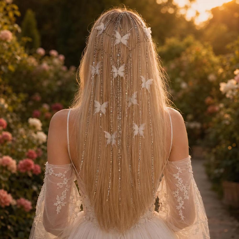 Butterfly Hairband Floral Rhinestone Fringe Headband for Women, Elegant Wedding Bride Hair Accessories, Forest Style