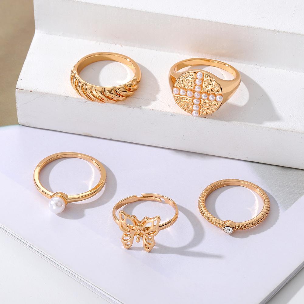 Комплект из 5 предметов, нежное романтическое кольцо с бабочкой, модное жемчужное очарование, темперамент, женское сексуальное кольцо с бабочкой и животным, комплект