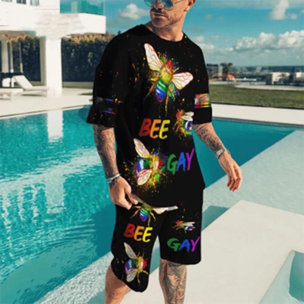 Мужская летняя уличная одежда с принтом радужной лошади и букв 3D, футболка с коротким рукавом и шорты, комплект из 2 предметов, повседневный спортивный костюм, мужская одежда