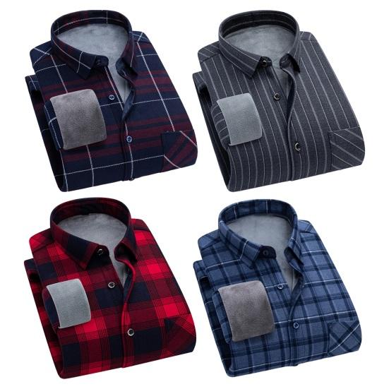 Мужская зимне-осенняя рубашка в клетку с контрастным цветным отворотом и длинным рукавом, толстая плюшевая рубашка в деловом стиле с накладным карманом, однобортная средней длины