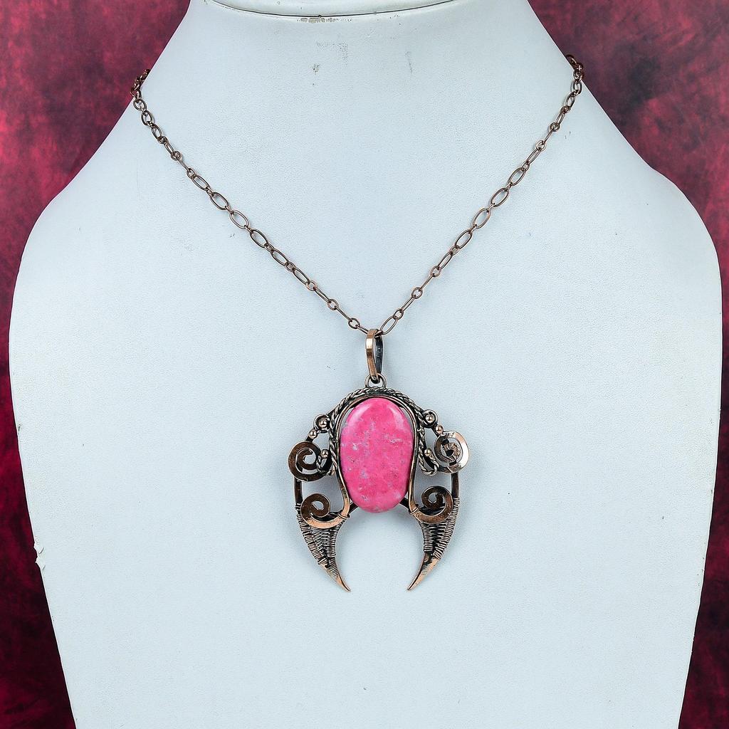 Thulite Gemstone Pendant Handmade Copper Wire Wrapped Jewelry Antique Pendant